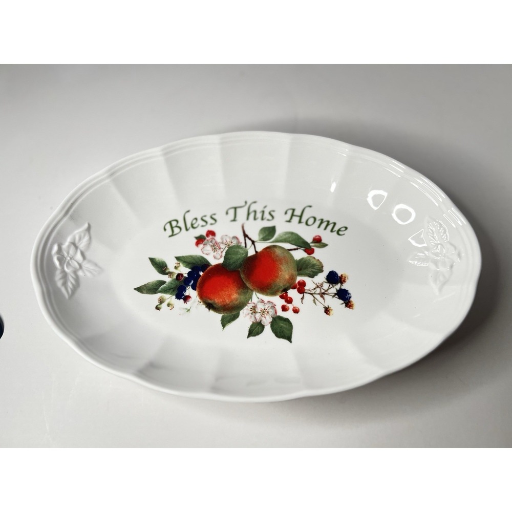 Lenox Orchard in Bloom "Bless This Home" Ceramic Serving Tray 11" x 7. 25" Apple - Picture 1 of 2